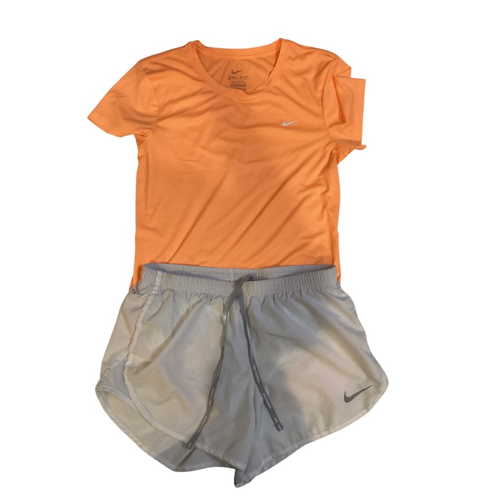 Nike Womens Dri-FIT Running Set Orange Short Sleeve Shirt White Shorts Small
